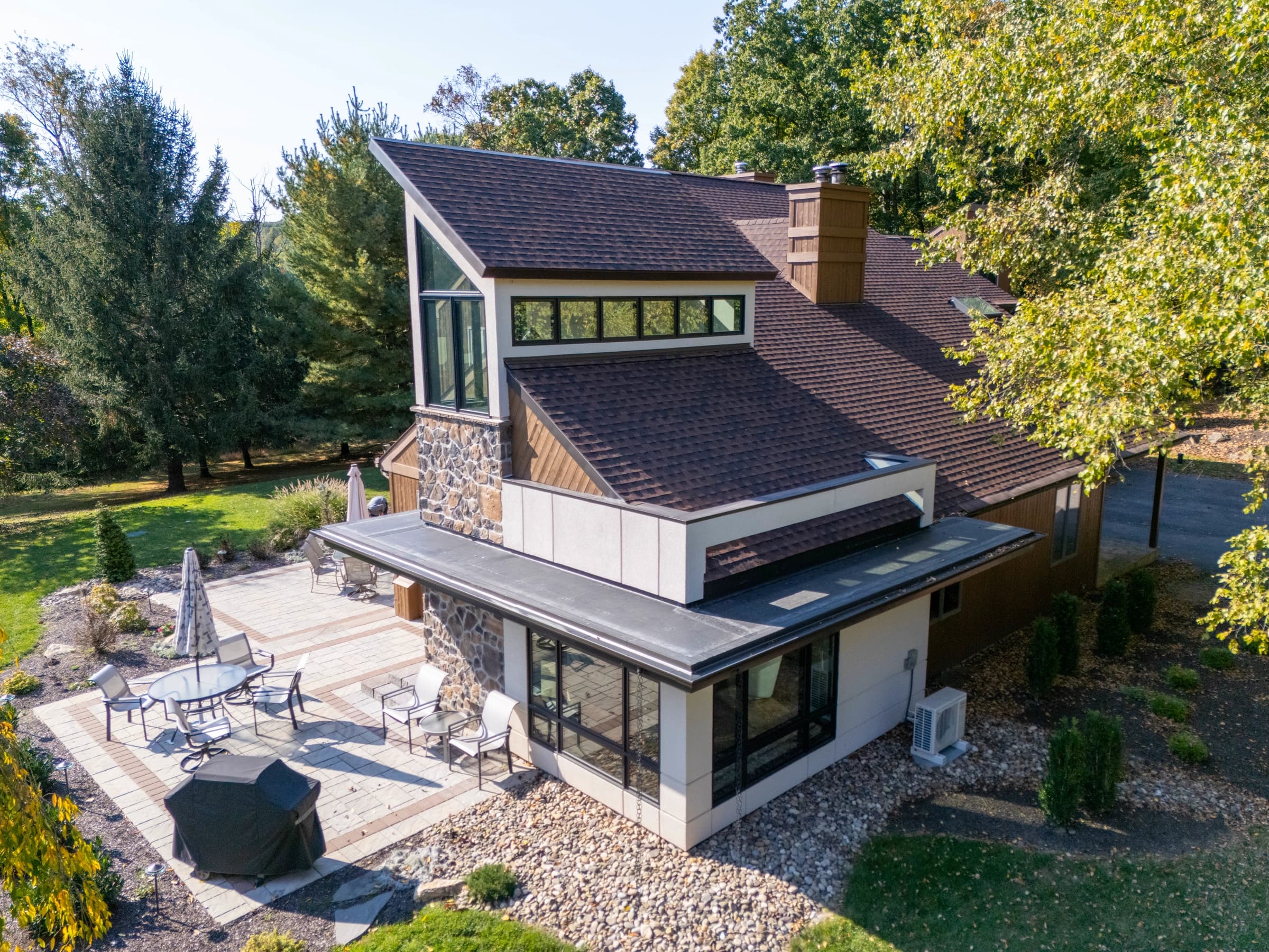 Modern residential property captured from the air